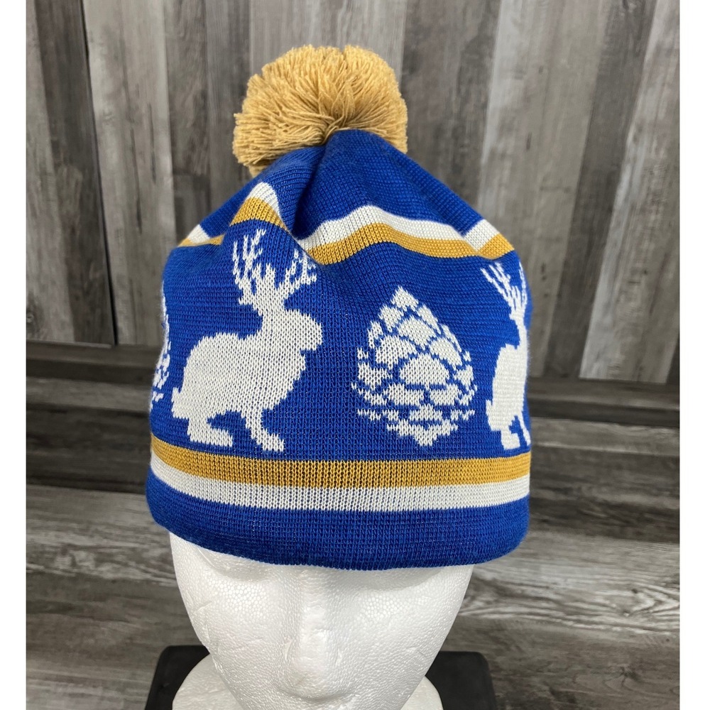 Stio Beanie Hat Blue Gold Jackalope Pinecone Fleece Lined Pom Made in Canada
